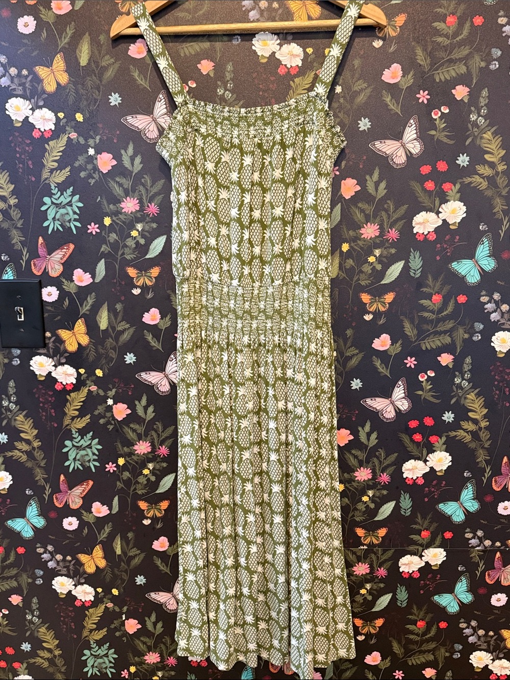 Boden Olive Green pineapples Smocked Midi Dress